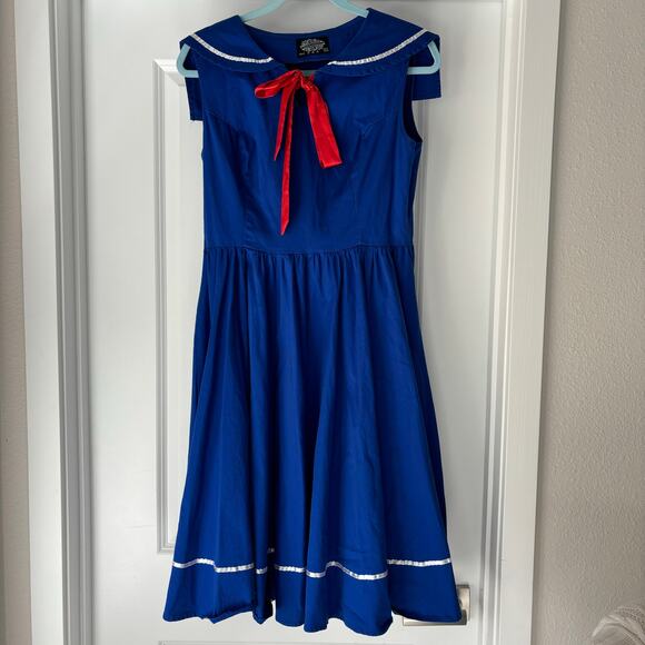 Hearts & Roses London Pin Up Sailor Swing Mini Dress in blue w/ red bow Size 12 - Picture 2 of 5
